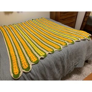 Handmade Crochet Blanket Throw Sunshine Yellow Green Scalloped Edge Afghan